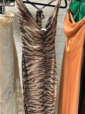 Windsor Brown Tiger-Print Backless Halter Dress